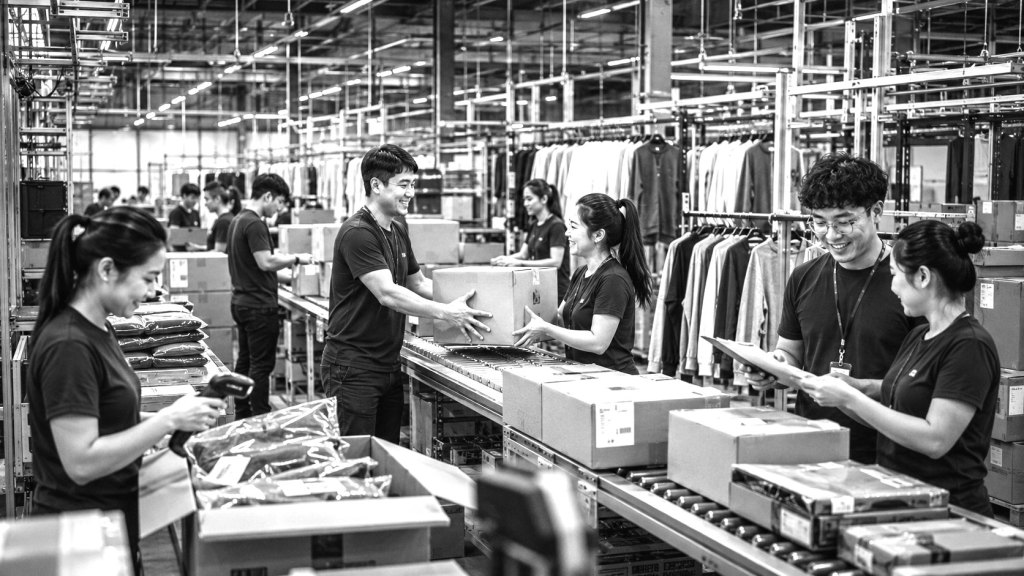 Workers packing finished garments for shipment