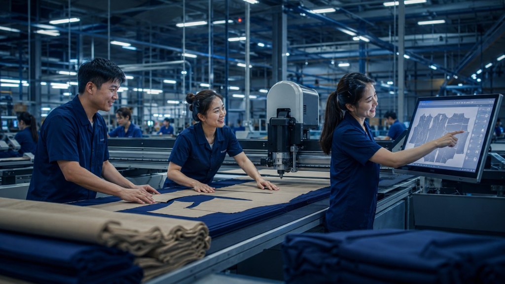 Cutting room with automated fabric cutting