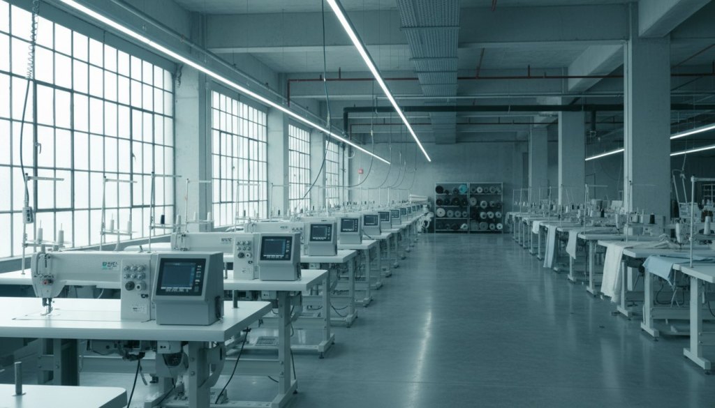 Garment factory floor with sewing stations