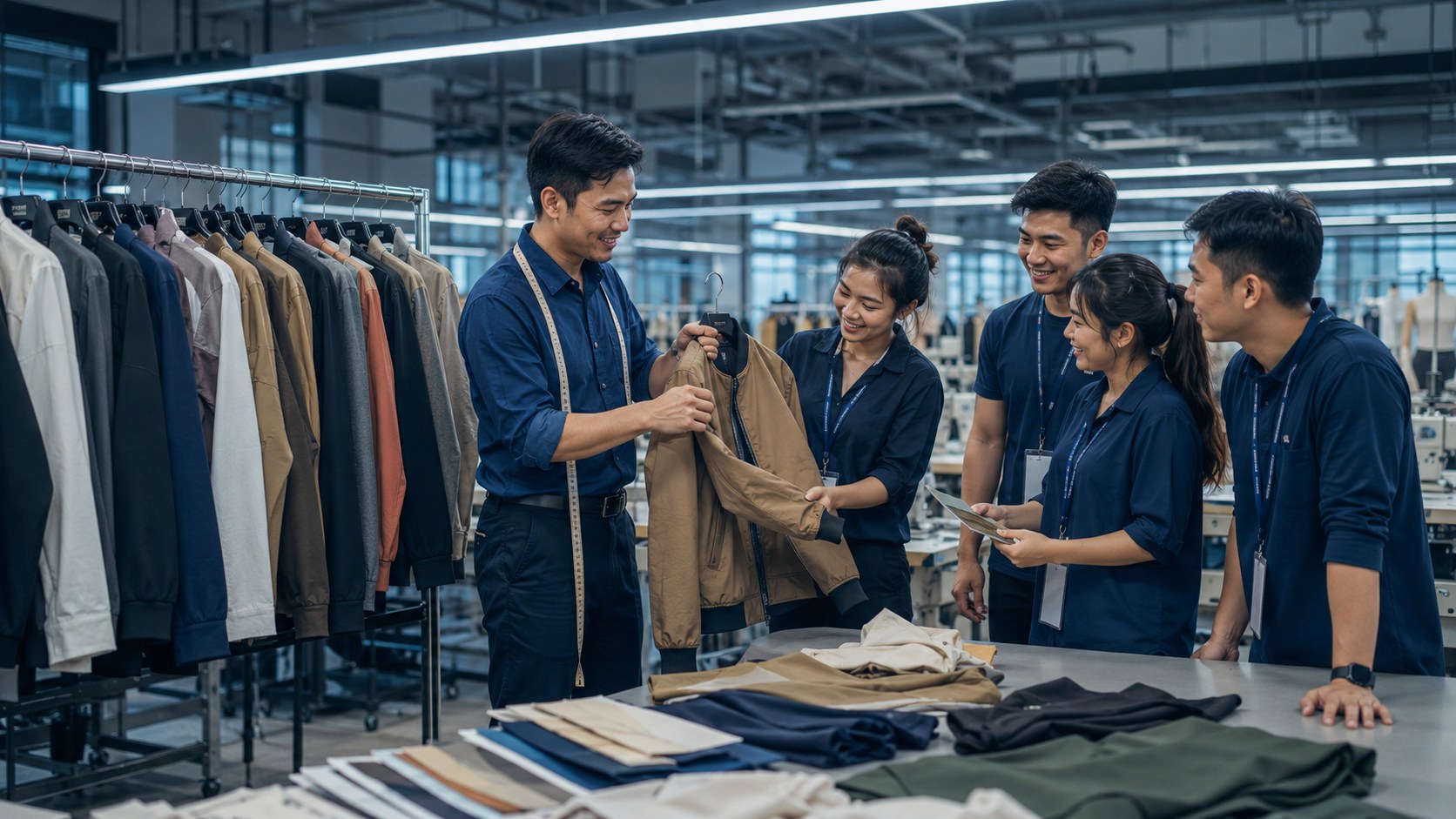 Dugarco merchandisers reviewing jackets in the garment factory