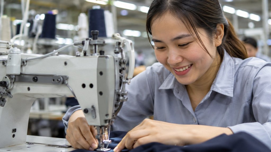 Operator sewing a garment