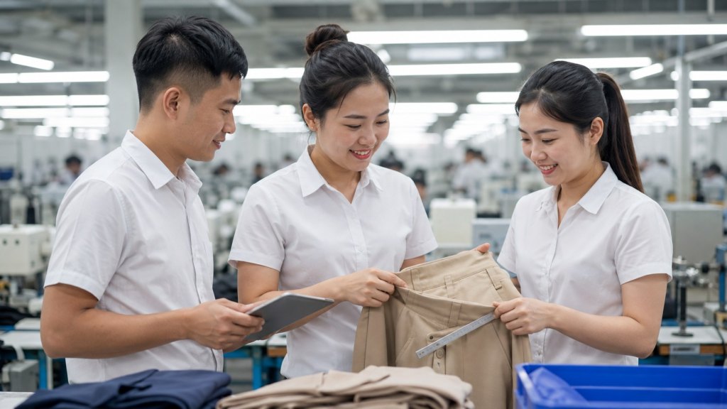 Quality inspectors checking finished garments