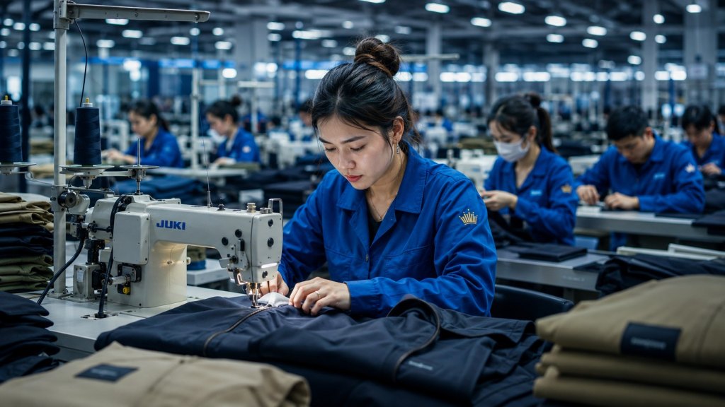 Sewing jackets on a production line in Vietnam
