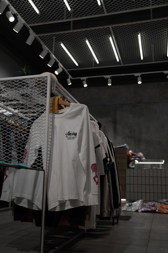 Sample hoodies in a product showroom